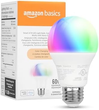 Amazon Basics Smart A19 LED Light Bulb, Color Changing, 9W (60W Equivalent), 800LM, Works with Alexa Only, WiFi 2.4 GHz, No Hub Required, Mood Lighting, Energy Efficient, 1-Pack