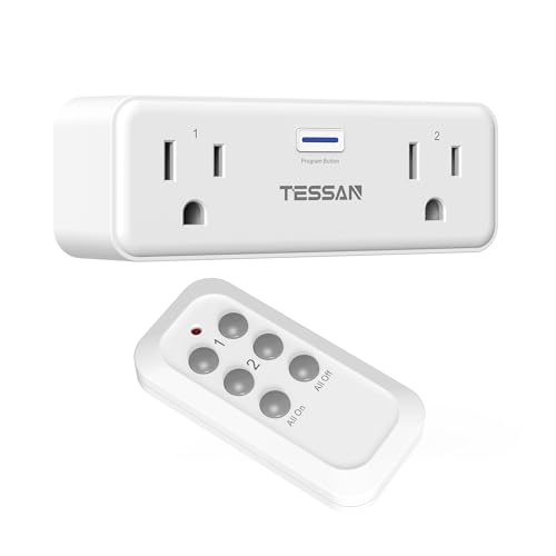 TESSAN Remote Control Outlet Plug, Wireless Switch with 2 Sockets | ON/Off Remote Outlet Switch for Indoor Lights, Lamps, Fans, Home Small Appliances, 100 Ft Range,1875W