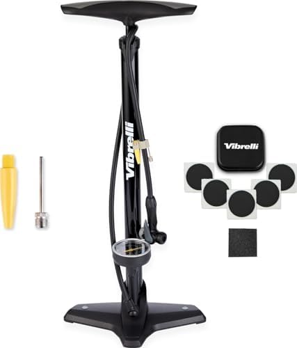 Vibrelli Vibrelli Bike Floor Pump with Gauge - High Pressure 160 PSI - Presta Valve Bike Pump Automatically Switches to Schrader - Bicycle Pump Comes with Glueless Puncture Kit