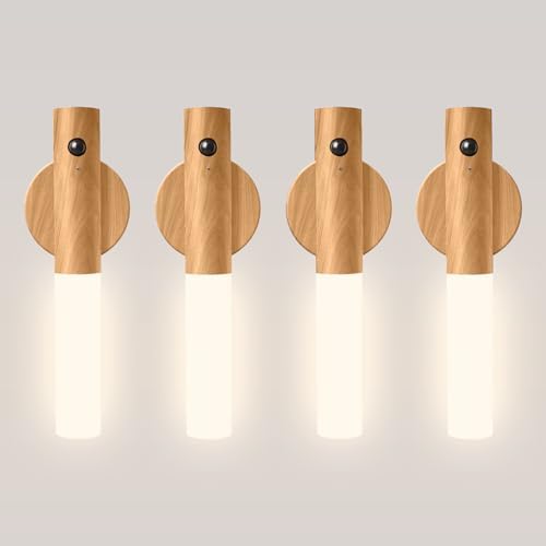Motion Sensor Night Lights – 4 Pack Rechargeable Magnetic LED Sconces for Bedroom, Hallway & Picture Lighting + 4-in-1 Charging Cable (Oak Yellow)