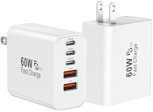 USB C Fast Charger Block, 60W USBC Wall Charger Plug, 2Pack 5-Port Type C Phone Charging Cubes Power Adapter Multiport Brick for iPhone 17/16/15/14/13/12/11/Pro Max/Plus/Air, iPad mini/Pro,Galaxy S25