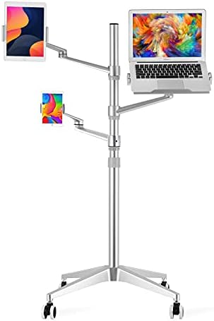 Triple arm Height Adjustable Stand Mount with Rolling Wheel for Laptop(11-17 inch) and Compatible with ipad iPad pro 12.9 inch/Tablet/Ereader