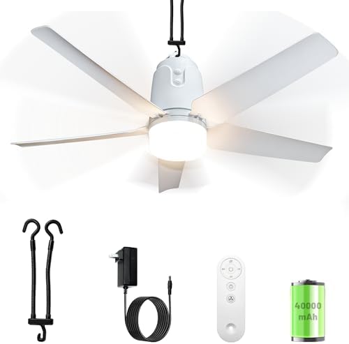 Gazebo Outdoor Ceiling Fan Light 31.5'', 40000mAh Large Portable Ceiling Fan With Remote and Hanging Hook, 4 Wind Speeds, 3000K-6500K Dimmable Canopy Fan Light For Patios, Pop Up Tent, Camping