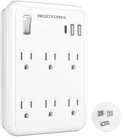USB Wall Outlet Extender with On Off Switch, Surge Protector Outlet,6 AC Multi-Plug with 3 USB Ports (1 USB C), 490 Joules, Flat Socket Splitter with Spaced Outlet for Home, Office, College