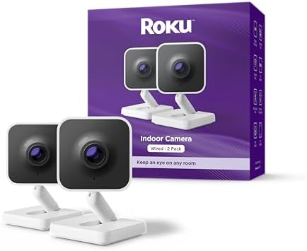 Roku Indoor Camera, Home Security with 1080p HD Color Night Vision, 2-Pack | Wired Security Camera & Pet Monitor with 2 Way Audio, Motion & Sound Detection, WDR & WiFi 6 - Works with Alexa & Google