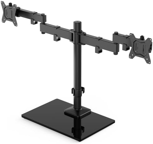 HUANUO Freestanding Dual Monitor Stand, 32 Inch Dual Monitor Mount for 2 Screens, Holds up to 19.8 lbs per Arm, Gaming Monitor Arm Riser with Tempered-Glass Base, Tilt, Swivel, Rotation, Black