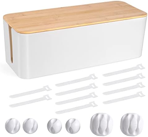 Cable Management Box - Wooden Style Large Cord Organizer Box to Hide Wires & Power Strips | Desk Computer Cable Organizer Box | Safe ABS Material |16" (L) x 6.2" (W) 5.3" (H)|for Home & Office - White