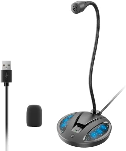 Plug & Play USB Computer Microphone, Flexible Gooseneck Desk Microphone for Podcasting, Streaming, Conference, Noise Canceling Microphone with Mute Button LED for PC/Mac