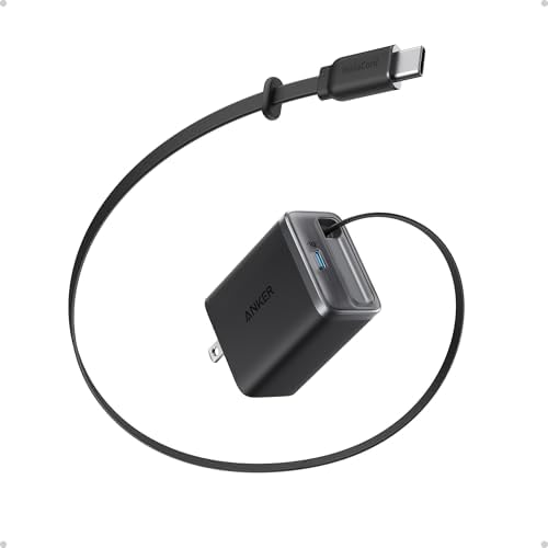 Anker Nano Retractable USB C Charger Block, Compact 35W Phone Charger | 2-Port Charger with Durable Built-in Anker InstaCord Retractable Cable, for iPhone 17/16/15, iPad(Black,Non-Battery)