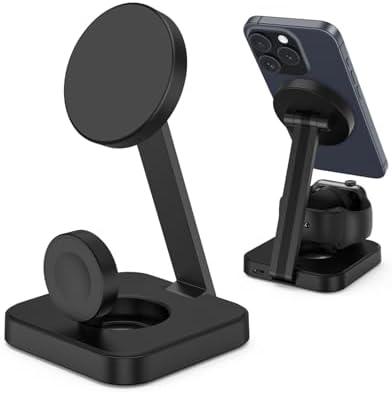 Magnetic Charging Station for Apple Watch 11/10/9/8,Foldable Wireless Charger for iPhone 17 16 15 14 13 Pro Max,3 in 1 Adjustable Angle Phone Holder Travel Dock,Mag-Safe Charger Stand for AirPods Pro