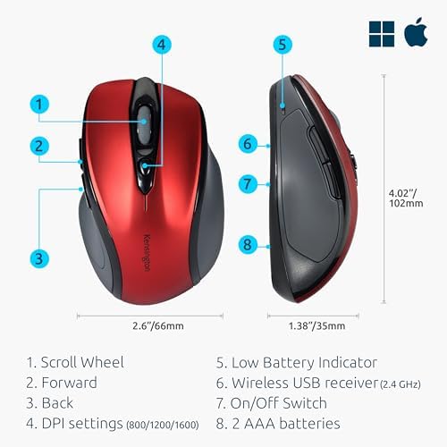 Kensington Pro Fit Mid-Size Wireless Mouse, Ruby Red (K72422AM)