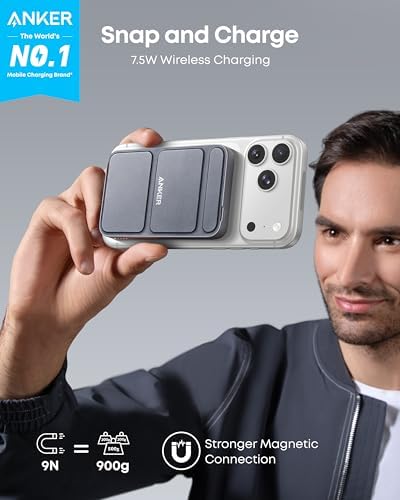 Anker 622 Magnetic Power Bank, 5,000mAh Foldable Wireless Portable Charger | Battery Pack with Stand and Side USB-C Port, Magsafe-Compatible for iPhone 16 / 15 / 14 / 13 Series