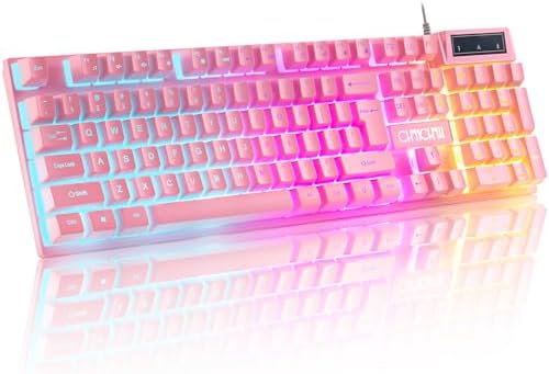 Light Up Cute Pink Gaming Keyboard, 3 Color LED Backlit for PC Computer PS5 | 19 Keys Anti-Ghosting, Multimedia Function Keys, 104 Keys Full Size, Number Pad, USB Wired Creamy Keyboard for Desktop Laptop