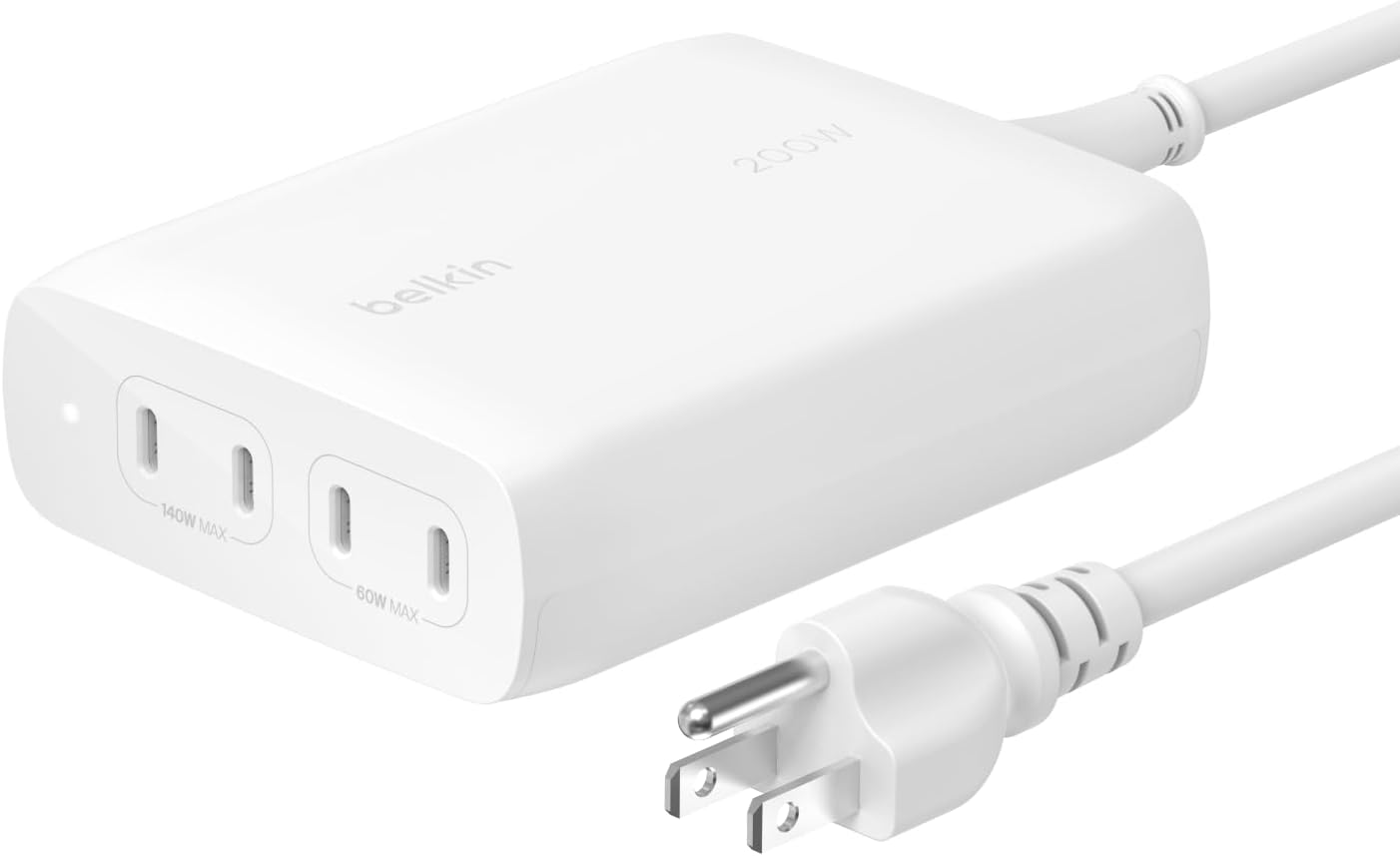 Belkin 200W 4-Port GaN USB C Charger Block, Fast Charging for MacBook | Multi-Port PD 3.1 Charger, 5ft Power Cord, iPhone 17, Air, iPad, Samsung Galaxy S26, Google Pixel 10