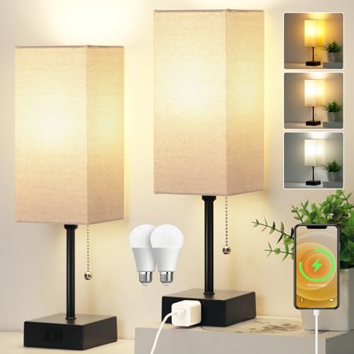 15'' Bedside Table Lamp for Bedroom Small Night Light Lamps for Night stand | Pull Chain Table Lamps for Night stands with AC Outlet,desk lamp with 2 Bulbs Lamp for Living Room Kids Room Office Decor
