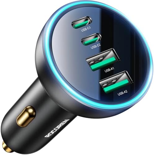 Rocoren 70W 4‑Port PD USB C Fast Car Charger Cigarette Lighter Adapter | For Multiple Devices, USBC Phone Charger Compatible with iPhone 17/17 Air/16/15 Pro Max, Samsung S25, Pixel