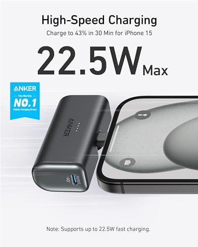 Anker Nano Power Bank,5,000mAh Portable Charger, Built-in USB-C Connector | 5,000mAh 22.5W Portable Charger for iPhone 17 / 16 / 15 Series, Galaxy S23 / S22 Series, iPad Pro / Air, AirPods, and More