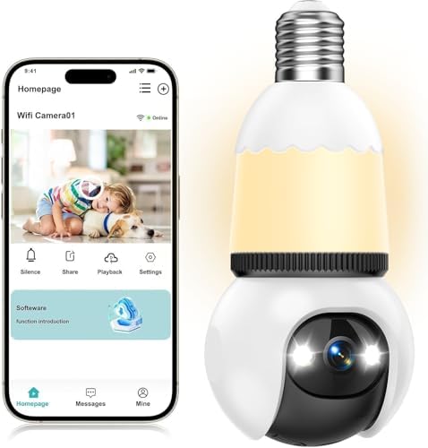 Hawkray Light Bulb Security Camera Wireless Outdoor Indoor-5&2.4GHz Dual Band WiFi,360° Pan-Tilt,2K Color Night Vision,Motion Detection & Siren Alarm,Two-Way Audio
