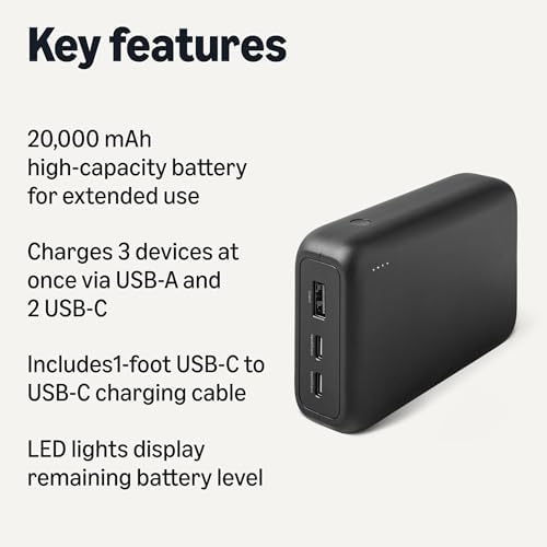 Amazon Basics High-Capacity Portable Charger Power Bank with 3-Port Output, 20,000 mAh, Black