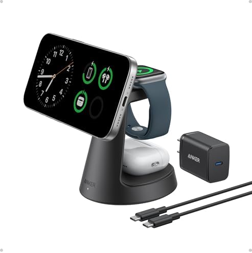 Anker MagSafe Charger Compatible, MagGo 3-in-1 Qi2 15W Charging Station | Wireless Charger, Magnetic Charging Stand for iPhone 17 / 16 / 15 Series, Apple Watch, AirPods, and More (Adapter Included)
