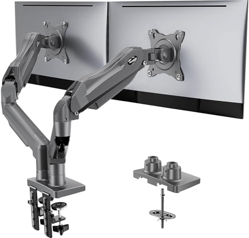 HUANUO Dual Monitor Stand, Fully Adjustable Monitor Desk Mount for 13–32″ Computer Screens, Full Motion VESA 75x75/100x100 with C-Clamp & Grommet Base, Each Arm Holds 4.4 to 19.8 lbs -Grey