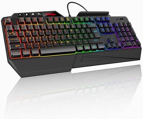 TECKNET Wired RGB Gaming Keyboard - 26-Key Anti-Ghosting, 13 Lighting Modes, Spill-Resistant, 108 Membrane Keys, Plug & Play - with Ergonomic Wrist Rest & Phone Holder for Windows/Mac (Black)