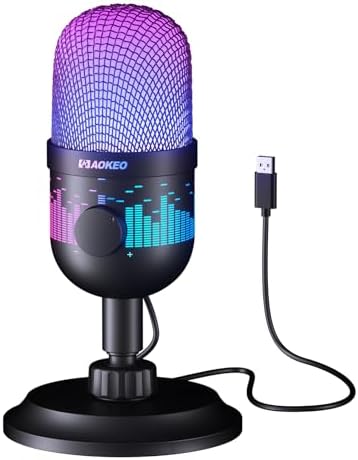 Aokeo Gaming Microphone, USB Computer Microphone for PC, Mac, PS4/5, Condenser Podcast Mic for Studio Recording, for Streaming Podcast YouTube, with Led Light