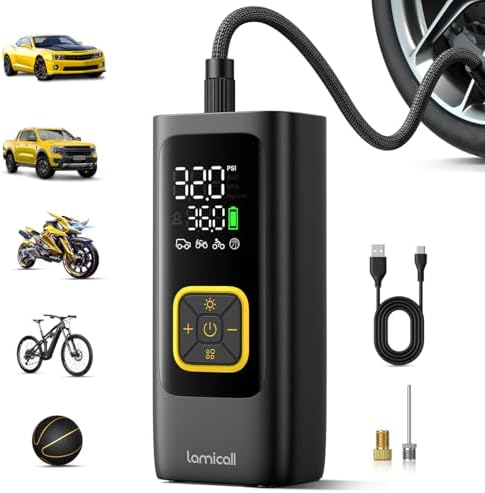 Lamicall Car Tire Inflator Portable Air Compressor, 4X Faster, 150 PSI | with Auto Stop, Rechargeable, Pressure Gauge Display, LED Light, Car Accessories Automatic Air Pump for Motorcycle Bike Ball