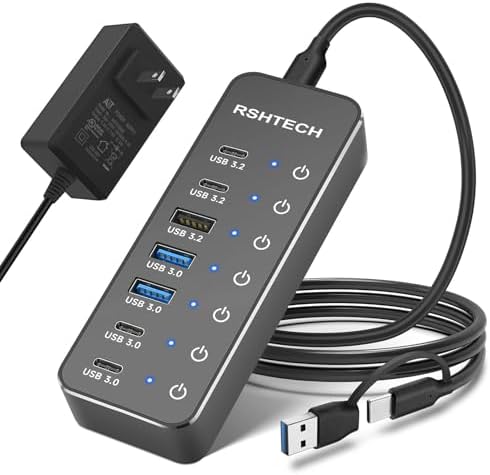 RSHTECH 7-Port Powered USB-C/USB 3.2 Data Hub Splitter, RSH-ST07C-4