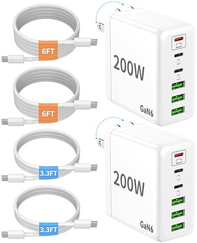 2 Pack USB C Charger Block 200W 6 Port GaN Super Fast Type C Charger | Foldable PD Charging Station for All iPhone 17 16 /android phone Samsung Galaxy S25/S24/MacBook/ iPad