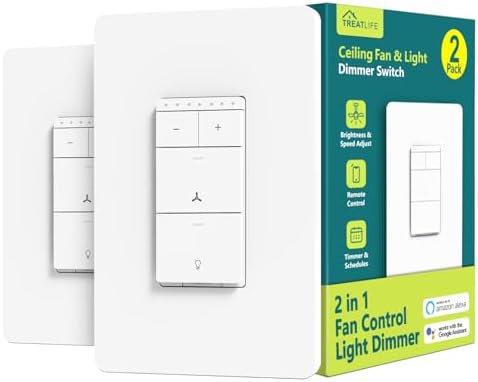 TREATLIFE Smart Ceiling Fan Control and Dimmer Light Switch 2Pack, Neutral Wire Needed, 2.4GHz Single Pole Wi-Fi Fan Light Switch Combo Works with Alexa, Google Home and SmartThings, Remote Control