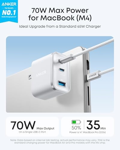 Anker Nano 70W Max 3-Port Fast Charger USB C, Type C Charger Fast Charging | Compact and Stylish USB C Charger Block, for iPhone 17/17 Pro Max/16 Series, MacBook Pro, iPad (Black, Cable Included)