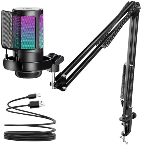 KingSom Gaming USB Microphone,Noise-Canceling Condenser Mic with Boom Arm | Podcast Microphones RGB Computer Mic,Streaming Microphone with Pop Filter, Mute Button,Gain for Recording,Discord,YouTube