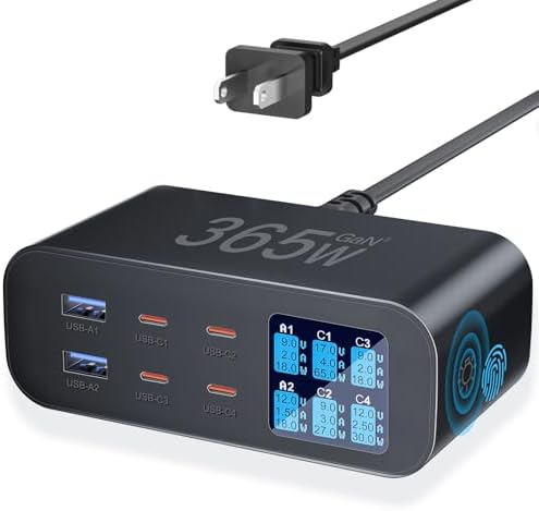 USB C Charger 6-Port with LED Display Adjustable Brightness | USB Charging Station GaN Multiport Fast Charger PD 100w 65W QC 3.0 Support PPS Compatible with MacBook iPhone Samsung, Black