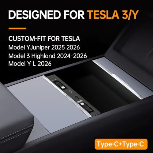 USB Hub for Tesla Model Y Juniper 3 Highland Y L with Dual Type-C | Fits Model Y Juniper 2025 2026 Model 3 Highland 2024-2026 Y L, 117W 4-in-1 Center Console Docking Station with Sunken Design