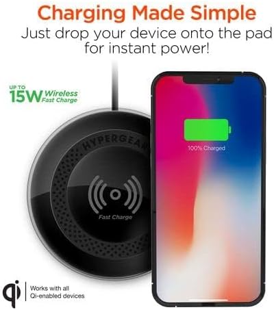 HyperGear ChargePad Pro - 15W Wireless Charging Pad, Wireless Charger for iPhone & Android, Compatible with Qi Enabled Phones & Devices, Includes Wall Adapter & USB-C Cable, Black