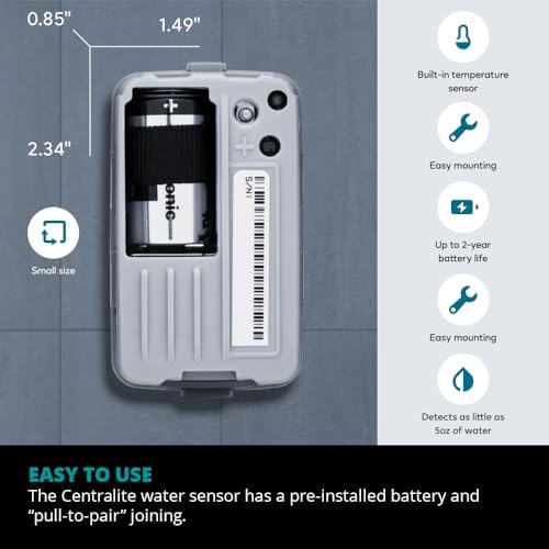 Centralite by Ezlo Water Sensor - Monitors Your Whole Home for Leaks - Detects Water Leaks in a Kitchen, Bathroom, Basement or Laundry Room - Zigbee