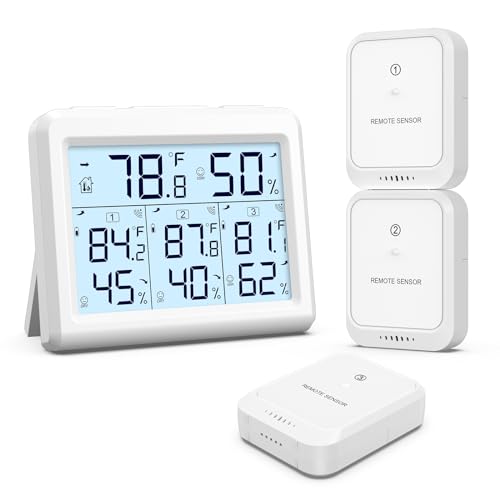 AMIR Indoor Outdoor Thermometer, 3 Channels Digital Hygrometer Thermometer with 3 Sensor, Temperature Humidity Monitor with LCD Display, Wireless Humidity Gauge for Home, Baby Room