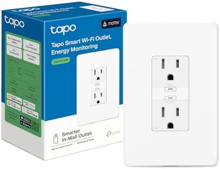 Tapo Smart Plug, Wi-Fi in-Wall Outlet, Matter Compatible, Energy Monitoring, 15A/1800W Max, Works with Alexa, Apple Home, Google Home, SmartThings, Voice/Remote Control, ETL Certified - Tapo P210M