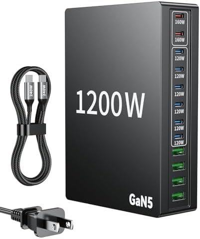1200W USB C Charger Block Fast 12 Port MacBook Pro Charging Station | 140W PD PPS AVS HUB for All iPhone 17 Pro Max/17 Air/16 SE/Samsung Galaxy 26/ MacBook Pro/Air/iPad Pro/240W Cable