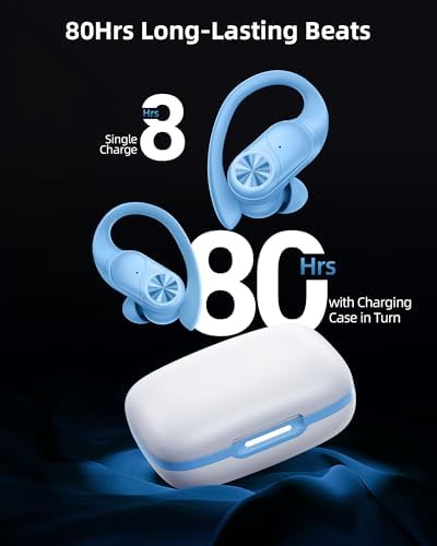 PocBuds Bluetooth Headphones Wireless Earbuds 80hrs Playtime Wireless Charging Case Digital Display Sports Ear Buds with Earhook Deep Bass IPX7 Waterproof Over-Ear Earphones for TV Phone Laptop Blue
