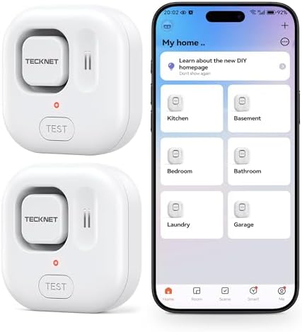 TECKNET WiFi Water Leak Detectors, Leak & Drip Alert with APP Push and Sound Alarm, Smart Water Sensor with 120dB Adjustable Alarm, for Home Kitchen Bathroom Basement (2 Pack, Battery Included)
