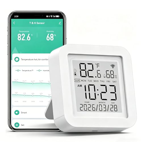 Smart WiFi Temperature Humidity Monitor: TUYA Wireless Temperature Humidity Sensor with APP Notification Alerts, WiFi Thermometer Hygrometer for Home Pet Garage,Compatible with Alexa