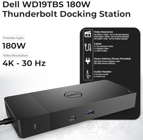 Dell WD19TBS Thunderbolt Dock Bundle - 4K Display, 1 Year Warranty, Dell Docking Station Dual Monitor with 180W Adapter, Anyhdd HDMI, DisplayPort, Thunderbolt Cable - Laptop & Computer Docking Station