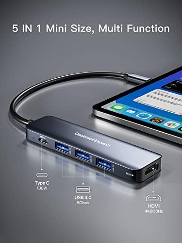 USB C HUB, DockteckExpand 5 in 1 USB-C Multiport Adapter | 4K HDMI, 100W Power Delivery, 3 USB 3.0 Data Ports for MacBook Pro/Air, iPad Pro/Air/Mini 6 and More