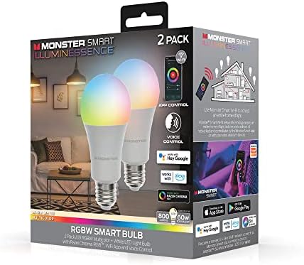 Monster Multi-Color and Warm-White LED Light Bulb, 16,000,000 Lighting Possibilities, Customizable with App, Compatible with Alexa/Siri/Google Assistant, Wi-Fi Enabled, 2-Pack, 9 Watt