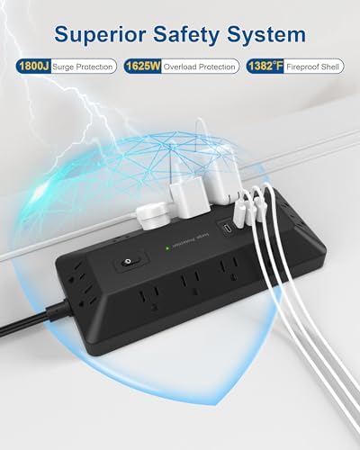 6 Ft Power Strip with Surge Protector 1800J, Extension Cord with Multiple Outlets 12AC+4USB(2USB-C Port for 20W), Flat Plug Outlet Extender with 1625W/13A for Laptop, Desk, Home Office Dorm