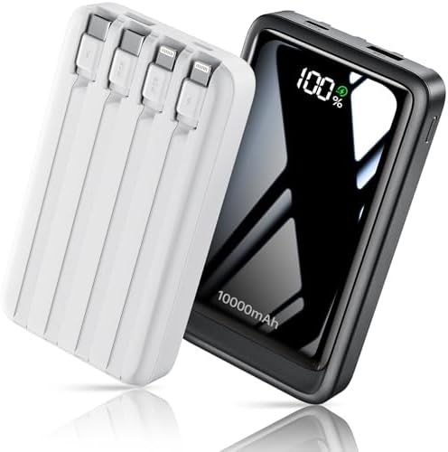 2 Pack 10000mAh Power Bank with 4 Built-in Cables for iPhone Android | 5 Outputs & 2 Inputs Portable Charger Slim Travel Essential Battery Pack, Fits iPhone 17/16/15/14, Galaxy S23/22, Pixel