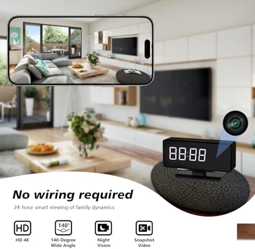 WiFi Hidden Full HD 4k Camera Clock - Nanny Cam with 145° Wide-Angle Lens, Night Vision & Motion Detection, Wireless Indoor Hidden Camera for Home Security Monitoring Remote Live Stream
