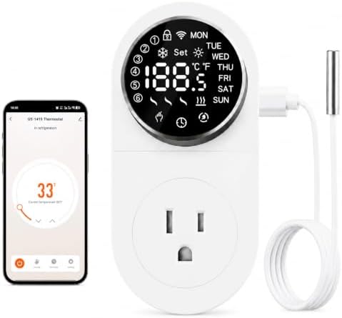 Plug in WiFi Thermostat, Knob Temp Controller with Probe, App Control